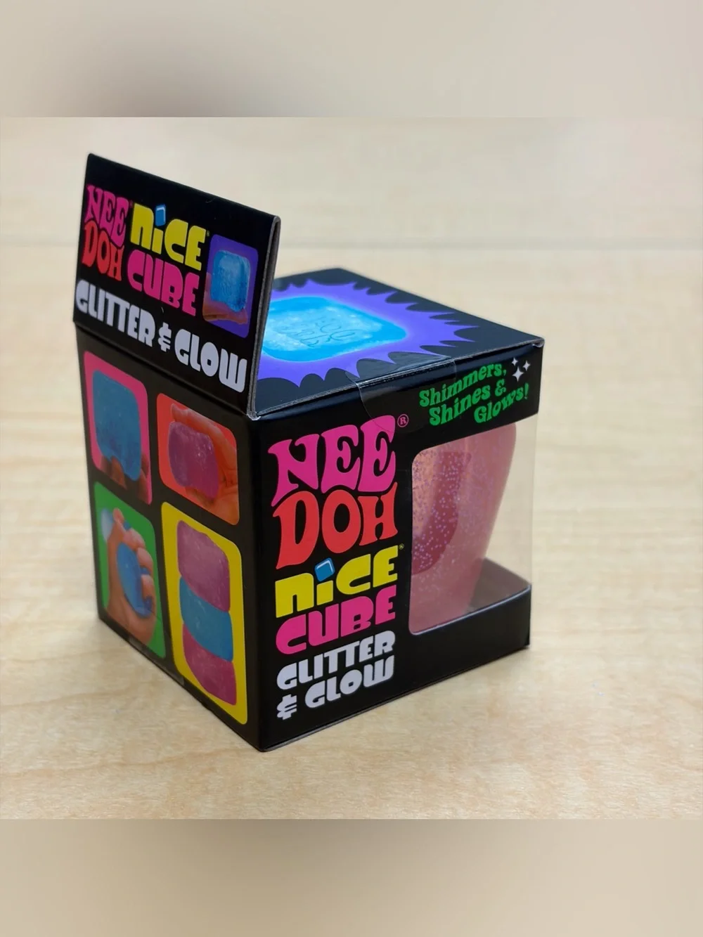 NeeDoh Nice Cube Glitter & Glow Squishy Stress Toy Pink Super Solid Squish New